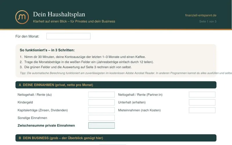 Haushaltsplan als ausfüllbare PDF im Design von finanziell-entspannt – kostenloser Download mit automatischer Auswertung