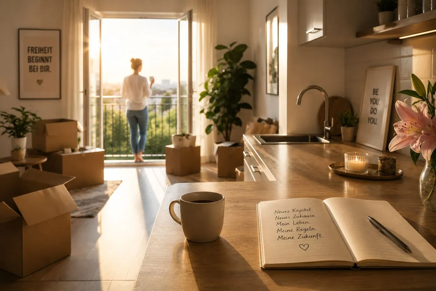Geld nach der Scheidung: Frau in neuer Wohnung zwischen Umzugskartons blickt vom Balkon in die Zukunft, Notizbuch mit den Worten Neues Kapitel, meine Zukunft