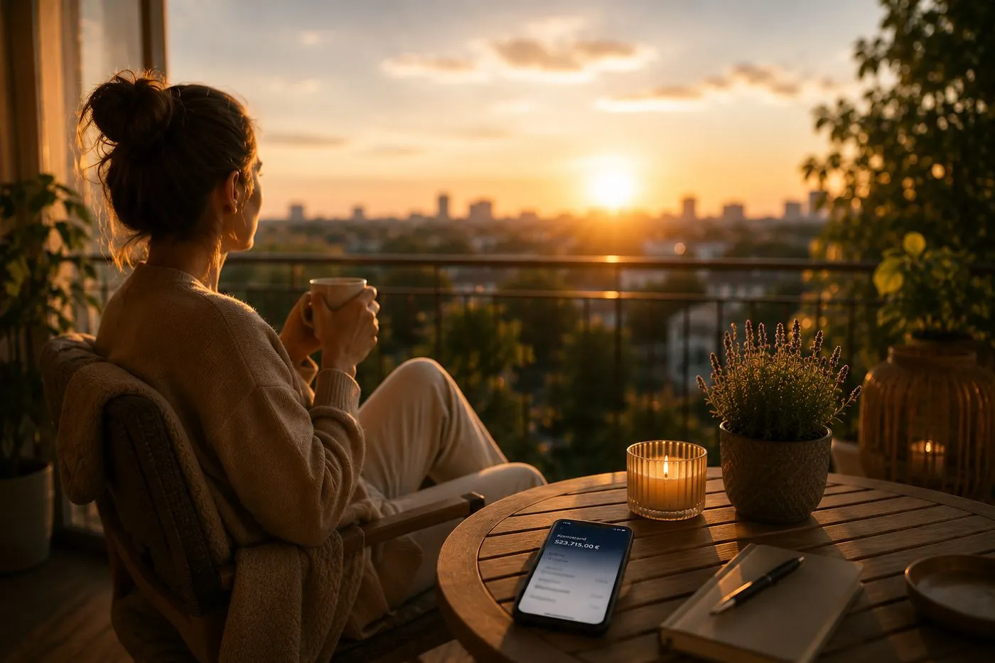 Haus verkauft: Frau blickt entspannt vom Balkon in den Sonnenuntergang, auf dem Tisch zeigt das Smartphone den Kontostand vom Verkaufserlös