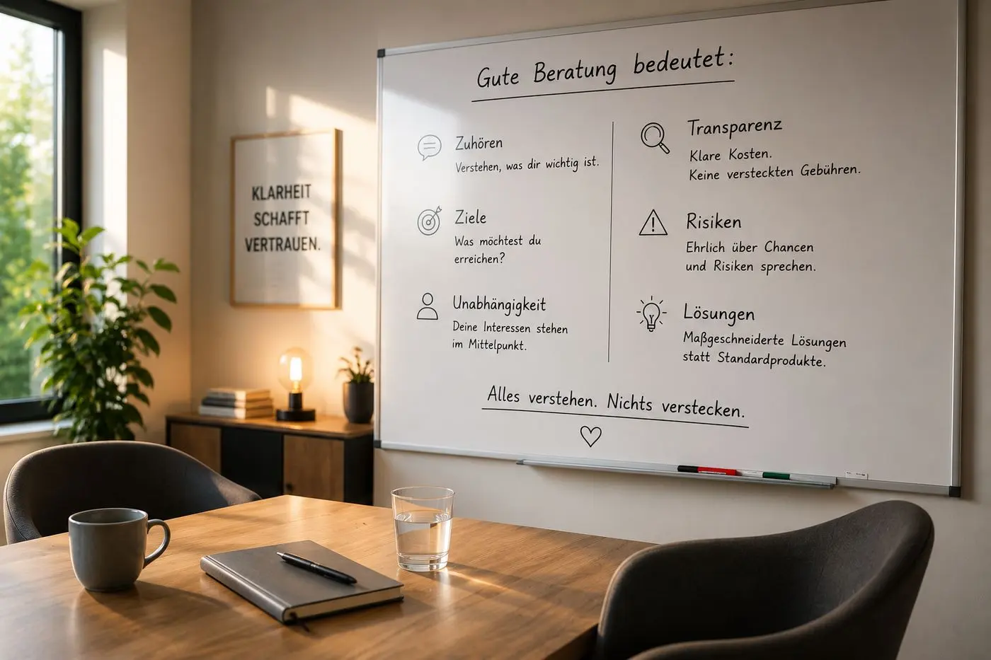 Seriösen Finanzberater erkennen: Whiteboard im Beratungsraum mit den Kriterien guter Beratung – Zuhören, Ziele, Unabhängigkeit, Transparenz, Risiken, Lösungen